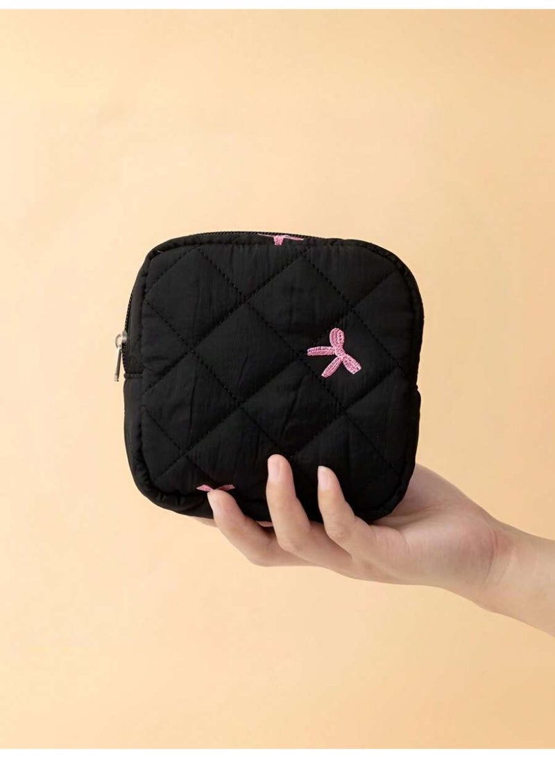 Mini Quilted Makeup Bag – Elegant Black Cosmetic Pouch with Pink Bow for Daily Use & Travel